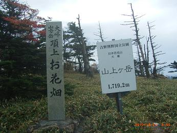 山上ヶ岳頂上の標識